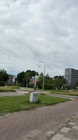 The video pans across an urban environment under a cloudy sky. In the foreground, a brick pathway runs alongside a grassy area. A gray electrical box sits on the grass. Further back, a street with traffic lights and road markings is visible. Several trees line the street and surround buildings. To the right, a tall, modern building with many windows dominates the skyline, with the "Ibis budget HOTEL" signage clearly visible at the top. Another, shorter building with a glass facade is situated next to it. A few cars and bicycles are present on the street. There is a single person visible in the distance, walking on the sidewalk. The overall scene depicts a slightly overcast day in a city.