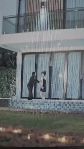 The video shows a still image of a modern house with a glass facade and a balcony. In front of the house, two individuals are visible standing on a tiled patio area. One person is dressed in black, appearing to be holding or interacting with the other individual, who is wearing a lighter colored garment. The scene is outdoors with greenery visible on the left and a lawn area in the foreground. The house appears to be multi-story with vertical wooden slats on the upper level. The lighting suggests it could be daytime, but the overall image quality is blurry, making precise details difficult to discern. There is no visible text in the image. The context provided indicates the location is Kilkenny, Ireland, which is not evident from the visual information alone.
