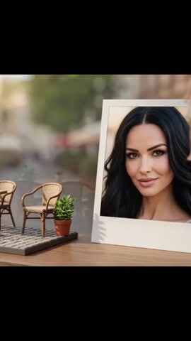 The video begins with a close-up of a miniature cafe scene featuring two wicker chairs, a table, and two potted plants on a grey mat. To the right, a framed photograph of a woman with dark hair is visible. A hand then enters the frame and places a miniature doll, resembling the woman in the photograph, between the chairs and the table. The doll is wearing a short, white lace dress. The hand is then seen adjusting the doll's position. The background is blurred, suggesting an outdoor setting with soft lighting.