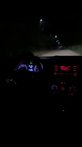 A short video shows the interior of a car driving down a street at night. The dashboard lights illuminate the interior, showing the speedometer and radio display. The street outside is visible through the windshield, lit by streetlights. Trees line the road. The driver's hands are visible on the steering wheel. Music plays loudly.