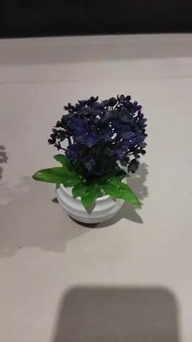 The video shows a close-up view of two small potted artificial plants placed on a light-colored tiled surface. The plant on the left has small, light-colored flowers and green leaves. The plant on the right has dark purple flowers and green leaves. Shadows of the plants are visible on the surface. The background is dark and out of focus. The camera pans slightly from left to right, showcasing both plants.
