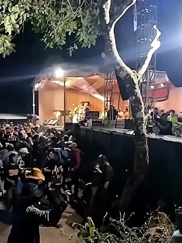A crowd of people stands in front of a stage at night. A band is performing on the stage. The crowd appears to be enjoying the performance. The area is lit by stage lights and some ambient lighting. There are trees in the foreground and background.