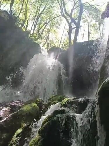 Forest waterfall documented by visitors near Bachkovo, Bulgaria