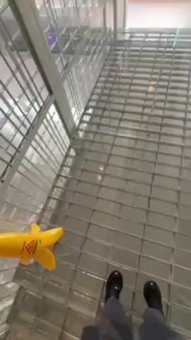A first-person perspective video shows a person pushing a shopping cart down a hallway into a waiting area. The hallway appears to be inside of a building or store with a white wall and light fixtures on the ceiling. The cart has a yellow toy banana inside. The waiting area has multiple white couches placed in front of large windows looking out to a cityscape with high-rise buildings and greenery. Large potted plants rest on the back of each couch.