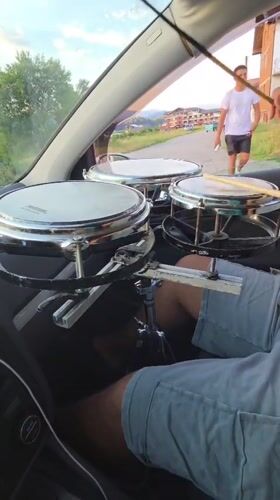 Custom drum kit installed inside a car in rural Bulgaria
