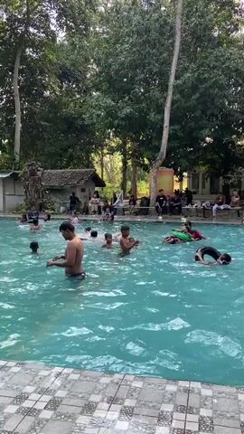 A swimming pool is filled with people enjoying the water. Several children are swimming, splashing, and playing with inner tubes. Some adults are also in the pool, while others are seated around the perimeter, observing. The pool area is surrounded by trees and foliage, with a few buildings visible in the background. The water is a bright turquoise color, and the pool deck is tiled.