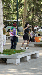 Women practice dance and Tai Chi in Chinese park