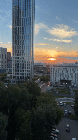City skyline at sunset, drone views and a coffee moment