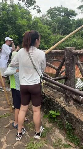 Two people are standing by a fence looking into a zoo enclosure. One person, wearing a white shirt and a white hat, is visible from the shoulders up on the left. The other person, wearing a white long-sleeved shirt and brown shorts, is facing away from the camera, looking into the enclosure. This person is pointing towards something in the enclosure with a stick. The enclosure contains a body of water, a sandy area, rocks, and greenery. In the distance, there are trees and a cloudy sky.