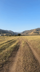 Open steppe and mountain backdrop in rural Kazakhstan