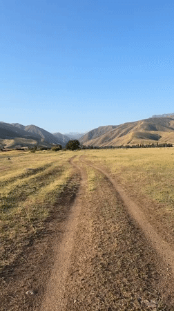 Open steppe and mountain backdrop in rural Kazakhstan