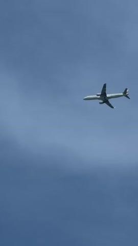 This media file captures an airplane flying against a clear, bright blue sky. The airplane is predominantly white with a visible airline logo on its tail, featuring red and white stripes, likely the flag of France. The aircraft appears to be a commercial jetliner, with its engines mounted under the wings. The perspective is from below, looking up at the plane as it cruises through the sky.

The scene is set outdoors, with the vast expanse of the sky serving as the backdrop. There are no people or other prominent objects visible in the frame, emphasizing the solitary presence of the aircraft. The weather appears to be clear and sunny, as indicated by the bright blue sky with only a faint suggestion of clouds or haze in the lower portion of the frame. The time of day seems to be daytime, given the brightness of the sky.

A notable detail is the presence of two small birds flying in the lower left quadrant of the frame, providing a sense of scale and contrast to the much larger airplane. The birds are distant and appear as small dark specks against the blue. The overall mood is one of tranquil flight and open skies. No text is visible in the media file. The location context provided is Vijfhuizen, Netherlands, which suggests this might be a plane in Dutch airspace.