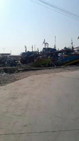The video shows a line of fishing boats docked on a shore. The boats are brightly colored with blue, yellow, and red hulls. They are tied to the shore with ropes. Some of the boats have flags flying from their masts, including German flags and Indonesian flags. There are also piles of fishing nets and equipment on the shore. In the foreground, there are rows of what appear to be dried fish laid out on mats. The sky is clear and blue, indicating a sunny day. The overall scene depicts a fishing village or harbor.