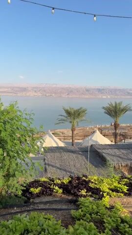 The video shows a panoramic view of a body of water, likely a sea or large lake, bordered by arid mountains in the background. In the foreground, there are several tents with thatched roofs and palm trees. Some green foliage is also visible in the lower part of the frame. The sky is clear and blue, suggesting a sunny day. There are some lights strung across the top of the frame. The overall impression is of a resort or camping area near a body of water in a dry, mountainous region.
