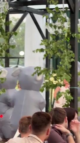 Two people in gray elephant inflatable costumes stand facing away from the camera. They are positioned behind two people in the foreground, whose backs are to the camera, and appear to be seated at tables. The elephant costumes have large ears and a red circular detail on the rear of one of them. Green foliage hangs from overhead structures. In the background, a young girl in a light green dress holds up a phone and appears to be recording. Behind her, a white curtain or drape is visible, and beyond that, a blurry view of a car parked outside. The scene appears to be an outdoor or semi-outdoor event with a rustic wooden overhead structure and decorative chandeliers.