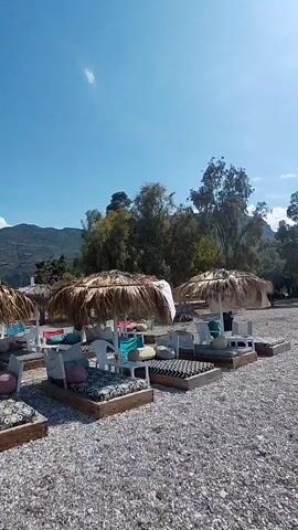 The video shows a beach with rows of lounge chairs covered by straw umbrellas. The chairs have cushions and are arranged on a gravel beach. There are trees and hills in the background, and the sky is blue with some clouds. One person is sitting on a chair in the foreground, looking at their phone. The scene appears to be a peaceful and relaxing setting.