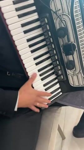 The video begins with a close-up of a person's hands playing an accordion. The accordion has white and black keys, and the player is wearing a suit jacket with a white shirt and a ring on their left hand. The camera then pans out to reveal the environment, which appears to be an indoor event space with polished marble floors and bright lighting. In the background, a couple is seated, dressed in formal attire. Several objects, including boxes and pillows, are arranged in front of them. The overall scene suggests a formal gathering or a staged event.