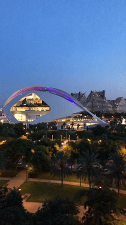 Illuminated modern architecture complex captured at dusk in València