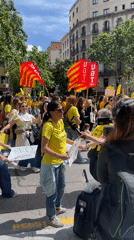 Yellow-shirted demonstrators march through Barcelona streets with union banners