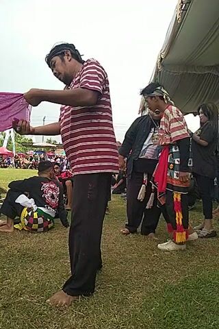 Here is a description of the video:

The video shows a scene of cultural performance in an outdoor setting. In the foreground, there are three individuals involved in the performance. One person, wearing a maroon and white striped shirt and black pants, is in a push-up position, holding a long purple cloth. Two people are kneeling behind him. One of them is wearing a black jacket with colorful patterns and a white cloth around their head. A crowd of people is visible in the background, suggesting a live audience. The performance is taking place on a grassy field under a cloudy sky.