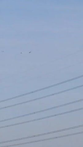 A video shows a clear blue sky with several white objects, possibly birds or planes, flying at a distance. Below the objects, multiple parallel power lines are visible against the sky. The camera appears to be looking upwards from a low angle. The white objects are scattered across the sky, with some appearing closer than others. The power lines are horizontal and run across the frame from left to right.