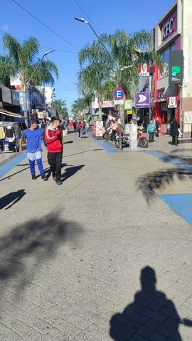 The video captures a bright, sunny day on a bustling commercial street in Lanús Este, Argentina. The scene is viewed from a slightly elevated perspective, looking down a paved street lined with buildings and interspersed with palm trees on the left side.

Numerous people are visible, walking or standing, creating an active urban atmosphere. In the foreground, two individuals are prominent, their shadows stretching long across the pavement. Several motorcycles are parked or being ridden along the street, suggesting vehicular access in this commercial zone.

The buildings house various businesses, with clear signage for "KFC" and "BY PAPAS". Another sign reads "NOLON". A blue circular street sign with a white 'E' (commonly indicating 'Estacionamiento' or parking) is visible on the left side of the street. The pavement features distinctive blue and yellow painted lines along the curb. The sky is clear and blue, and the strong shadows cast by people and objects indicate bright sunshine, likely during midday or early afternoon. The overall impression is a vibrant, everyday scene in a commercial district.