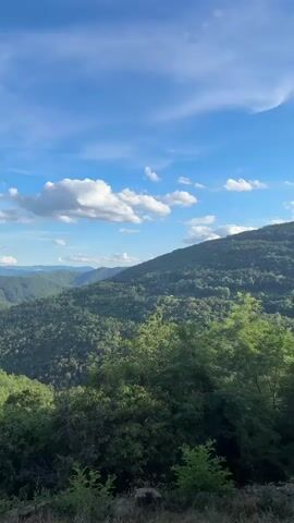 The video shows a panoramic view of rolling green hills under a bright blue sky with scattered white clouds. The landscape is dominated by lush forests covering the slopes of the mountains. In the foreground, there are some trees and bushes. The camera appears to be stationary, capturing the vast expanse of the natural scenery. The overall impression is one of tranquility and natural beauty.