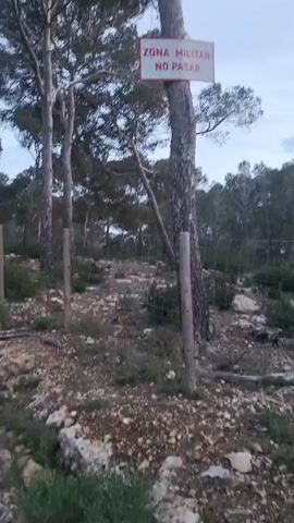 The video shows an area marked as a "military zone" with a sign in Spanish that reads "ZONA MILITAR NO PASAR" (Military Zone Do Not Enter). The sign is attached to a tree within a fenced-off area. The ground is rocky with some sparse vegetation. There are multiple trees in the background, suggesting a forested area. The lighting suggests it might be an overcast day. The camera zooms in on the sign attached to the tree.