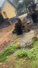 Woman works with barrels in outdoor area in Eke