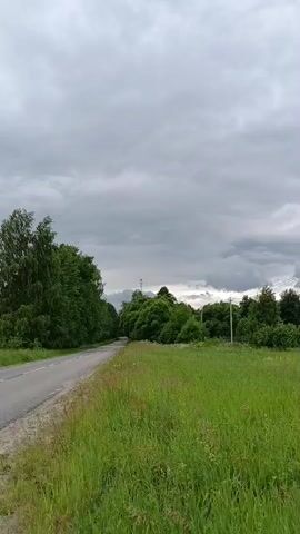 The video opens with a view of a road cutting through a grassy field under a cloudy sky. The camera pans to the right, revealing power lines supported by concrete poles. In the distance, houses are visible, nestled among trees. The scene captures a rural landscape with hints of human habitation.