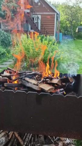 A fire burns in a metal barbecue grill in a grassy yard. A wooden building with a red roof is visible in the background, surrounded by green foliage and yellow flowers. The fire consists of logs and branches. The flames are orange and yellow and flicker upwards.