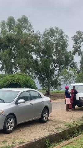 This video captures a daytime scene in what appears to be a semi-rural or roadside setting in Bisichi, Nigeria, under an overcast sky.

On the left, a silver sedan, resembling a Toyota Corolla, is parked on a dirt and gravel surface next to a concrete drainage ditch. Initially, a woman in a denim jacket and dark pants is seen exiting the driver's side of this car. Shortly after, another woman wearing a dark top and a long, patterned skirt walks towards the rear of the same silver car.

On the right side of the frame, a white mini pickup truck is parked. Two women are standing by its front. One woman is wearing a pink head covering and a pink skirt, while the other is dressed in a dark, possibly patterned, long outfit. They appear to be engaged in conversation or an interaction next to the truck.

In the background, numerous green trees with relatively sparse foliage stand against the gray, cloudy sky. The ground consists of dirt and gravel. There is no discernible text visible in the video, and the emotions of the individuals are not clearly expressed.