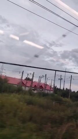 A view from a moving train window shows a rural landscape under a cloudy sky. In the distance, there are buildings with red roofs and a line of trees. Overhead, there are power lines. The foreground is filled with green foliage, suggesting the train is traveling through a vegetated area. The overall lighting indicates it might be late afternoon or early evening.