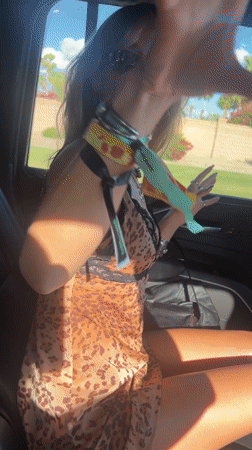 Woman in leopard dress makes gestures from car in Indio