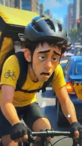 The video shows a close-up animated scene of a young male delivery cyclist wearing a yellow shirt with a bicycle logo, black helmet, black gloves, and black shorts. He is sweating profusely and appears distressed as he rides his bicycle through a busy city street, surrounded by traffic. The background shows blurred cars, buildings, and streetlights, indicating a daytime urban setting. The cyclist's facial expression conveys a sense of urgency and possibly fear. A yellow delivery backpack is visible on his back.