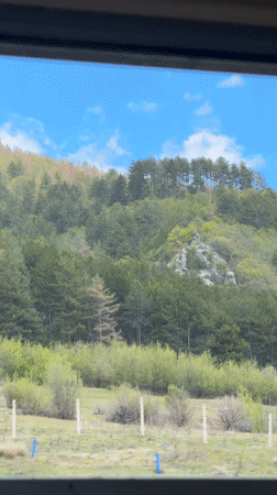 Train passenger captures Bulgarian countryside views through damaged window