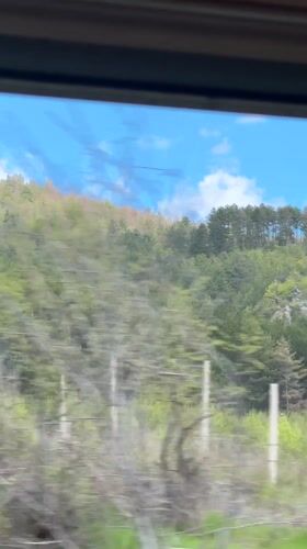 Train passenger captures Bulgarian countryside views through damaged window