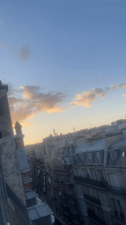Paris rooftops at sunset, shot from above