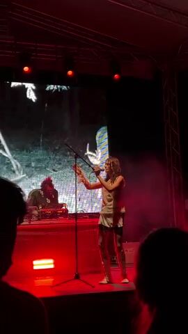 A female singer stands center stage, holding a microphone and gesturing with her hands. She wears a light-colored, asymmetrical dress with a short skirt and knee-high boots. Behind her, a DJ with a mohawk is visible at a console on the left. A large screen displays an abstract, nature-themed image with deer. Red stage lights illuminate the scene. The audience is partially visible in the foreground.