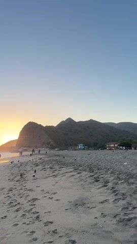 A vertical video shows a beach scene at sunset. The sun is setting on the left side of the frame, casting a warm orange glow on the water and the sky. The ocean is calm with gentle waves rolling onto the sandy shore. In the background, there are hills or mountains. Several people are visible on the beach, some walking and some standing. There are also a few birds scattered across the sand. The sand is wet near the water and dry further up the beach, with footprints visible in the dry sand. The sky transitions from a clear blue at the top to orange and yellow near the horizon where the sun is setting. The overall impression is a peaceful and serene beach environment during sunset.