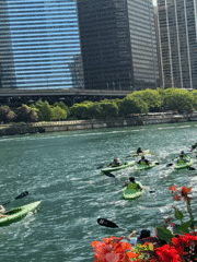 Kayaks, yachts, and dog walkers along the Chicago Riverwalk
