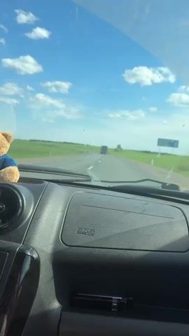 The video shows a car driving down a highway on a sunny day with a clear blue sky dotted with fluffy white clouds. Green fields flank both sides of the road. A large truck is visible ahead in the distance. The view is from inside the car, focused on the dashboard. A small teddy bear wearing a blue shirt is sitting on top of the dashboard, between the air vents. The rearview mirror reflects the face of the person driving.