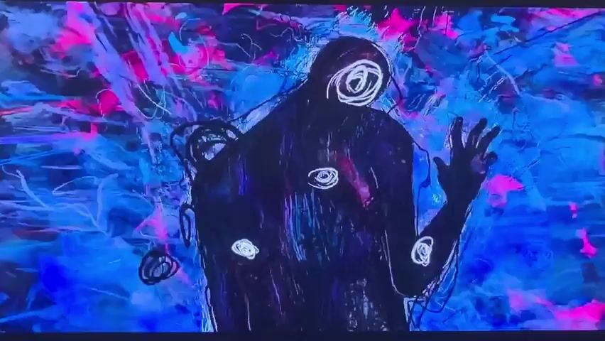 This media file appears to be a compilation of short video clips, likely from an animated film or video game, characterized by its vibrant and abstract visual style.

The subjects are primarily abstract figures and a character that resembles Spider-Man. The abstract figures are rendered in dark, shadowy silhouettes against a chaotic, swirling background of blues, purples, and pinks, giving them an ethereal or tormented appearance. One clip features a close-up of a figure with scribbled white circles on its head and body, suggesting internal struggle or disorientation.

In contrast, another sequence shows a character wearing a black suit with a red spider emblem and large, glowing red-orange eyes behind a mask, strongly resembling Spider-Man. This character is depicted in a setting bathed in intense blue and pink neon light, with hints of urban or industrial structures in the background. The overall mood conveyed is intense and possibly action-oriented.

There is no discernible time of day or weather mentioned or suggested. The setting for the Spider-Man-like character appears to be a futuristic or stylized urban environment, possibly at night, given the neon lighting. The abstract sequences suggest a more internal or psychological setting, possibly representing a mental state or a dreamscape.

The dominant emotions suggested by the visuals are turmoil, intensity, and perhaps a sense of isolation or confusion, particularly in the abstract figures. The Spider-Man-like character's appearance and the neon lighting create a more energetic and possibly heroic or adventurous feeling.

No visible text is present in the provided frames. The context of "Vozrozhdeniye, Russia" does not seem to be directly reflected in the visual content of these clips, which lean towards a stylized, possibly science-fiction or fantasy aesthetic.