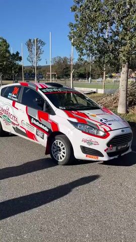 The video shows a line of rally cars parked on a paved road, with people walking around. The first car is a white Ford Fiesta with red and gray graphics and the number "204" on the side. The next car is a silver Peugeot 208 with black, green, and white graphics. The cars are parked along a street lined with trees and light poles. In the background, there's a large grassy area. The sky is clear and blue. People are walking along the sidewalk next to the cars.