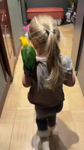 A little girl with blonde hair in a ponytail is walking down a hallway with a green and yellow parrot perched on her shoulder. She is wearing a grey shirt, patterned leggings, and light-colored boots. The hallway has light wood floors and various items are visible, including a red ottoman, shoes, a potted plant, and bookshelves.  The girl moves steadily forward while the parrot remains on her shoulder.