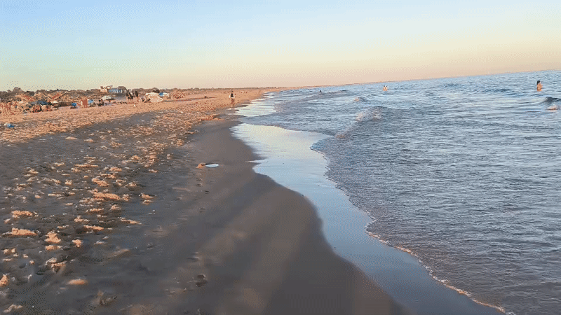 Golden hour on a Portuguese beach, people in the surf