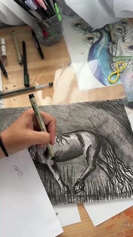 A close-up overhead shot shows a person's left hand holding a black pen and drawing on a large sheet of paper with a horse sketch. The horse is mostly sketched with dark, hatching lines to indicate shadow and form, with a long, flowing mane. The drawing is on a wooden surface, and to the right of the drawing, there are other sketches and artwork visible, including a close-up of a peacock's feather and a partially visible image of a dog. In the top left corner, a collection of pens and markers are standing upright in a clear container. The scene appears to be an art studio or workspace, with natural light possibly coming from the right. The focus is on the drawing process and the tools used.