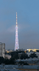 Saint Petersburg's TV tower illuminated at dusk