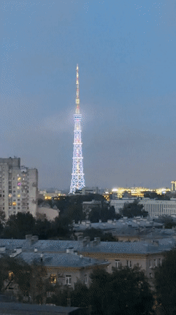 Saint Petersburg's TV tower illuminated at dusk