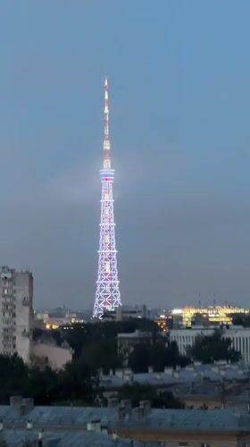 Saint Petersburg's TV tower illuminated at dusk